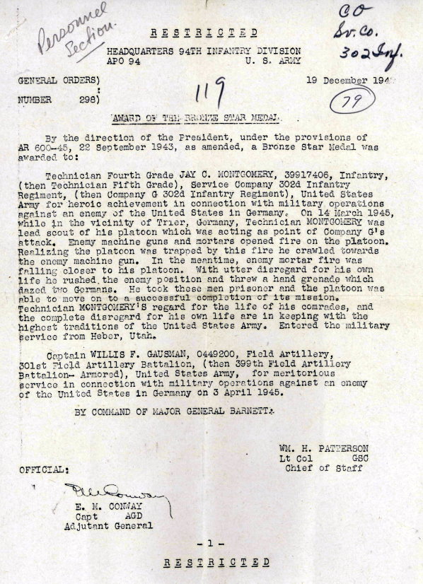 Jay Montgomery Bronze Star 1943